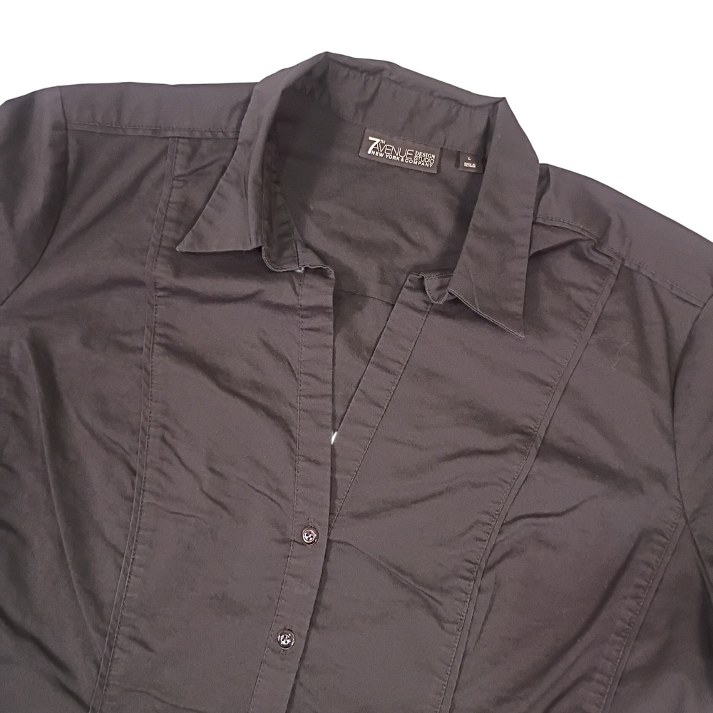 7th Avenue New York & Company Black Button Down Shirt V-Neck Half Sleeve Large